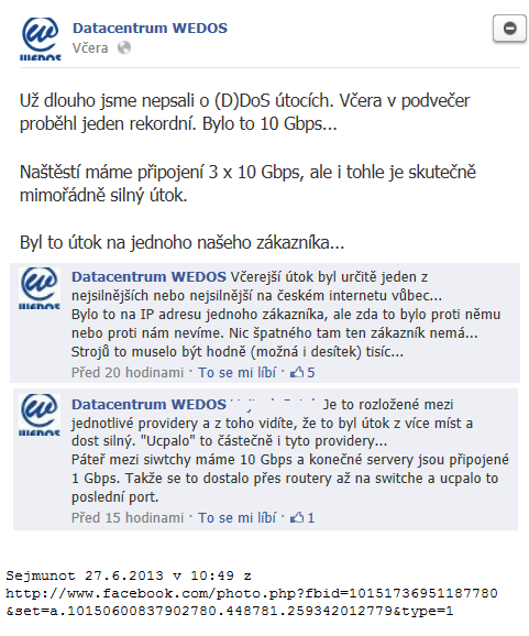 Vyjádření Wedos na Facebooku k DDoS útoku 23.6.2013